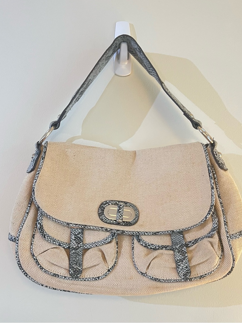 Beige Canvas Shoulder Bag with Snake-Trim Accent